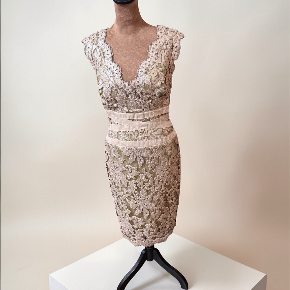 Tadashi Shoji Beige Lace Midi Dress